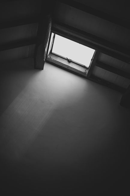 A home attic with exposed insulation being inspected with a flashlight near the access opening.