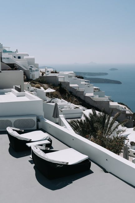 A quiet terrace with open sea views on a Greek island stay.