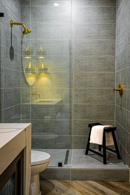 A modern residential bathroom or interior with frosted privacy glass paneling.