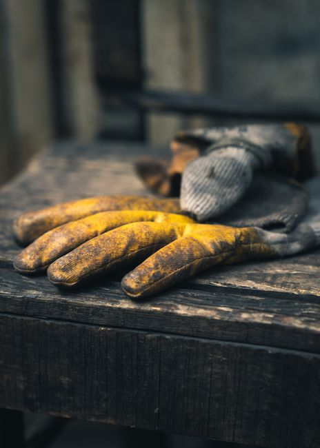 A person inspecting stained attic insulation while wearing protective gloves.
