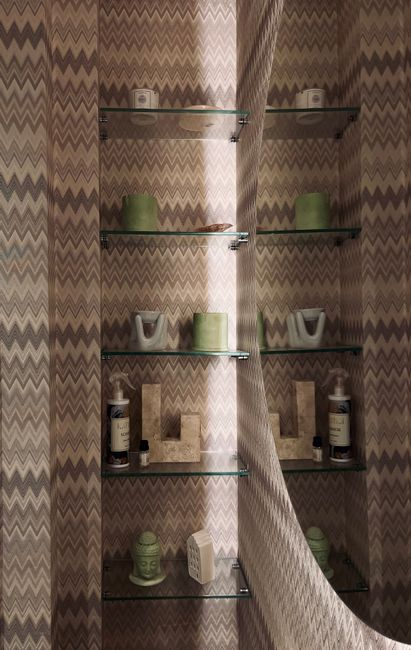 A modern small bathroom featuring recessed wall storage and streamlined organization with minimal bulky cabinetry.