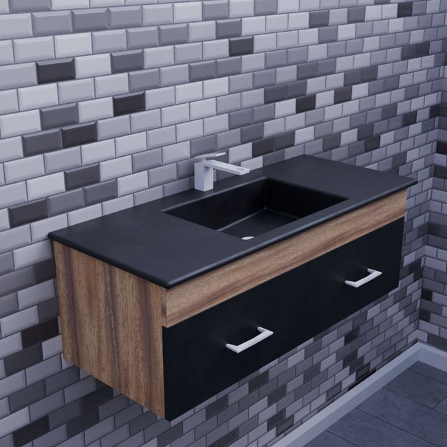 A narrow bathroom vanity with efficient drawer storage and clear walking space in a small bathroom.