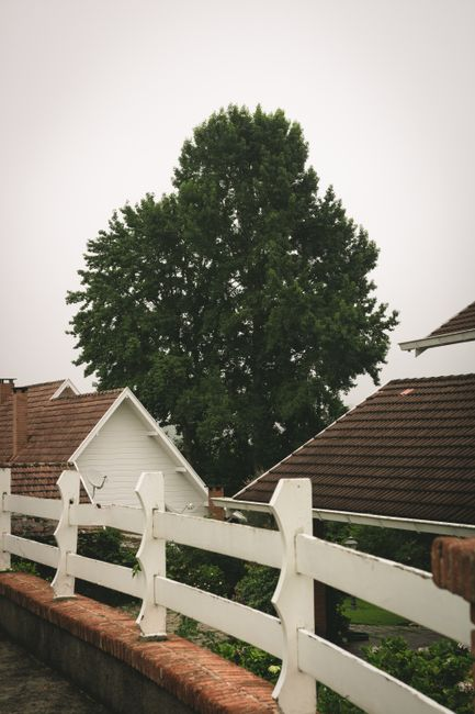 A residential backyard and side yard with visible fencing and lot boundaries, illustrating how property lines affect buildable space.