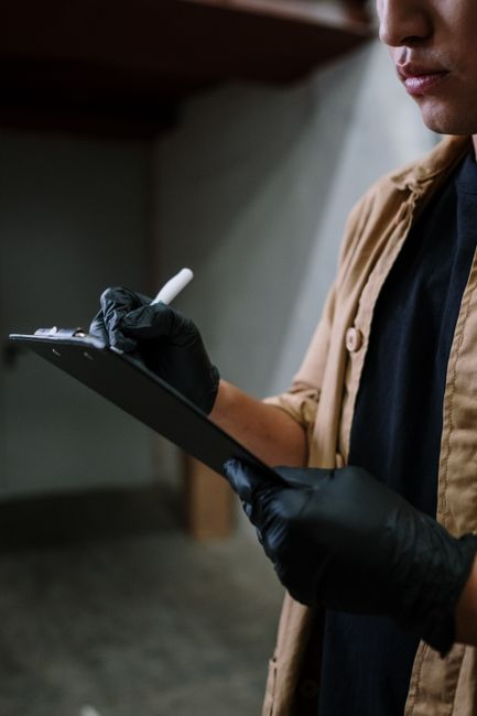 A commercial roofing inspector documenting roof conditions and examining a core sample on a flat roof.