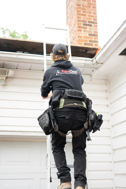 Inspector examining a home's roofline and eaves for potential rodent access points.