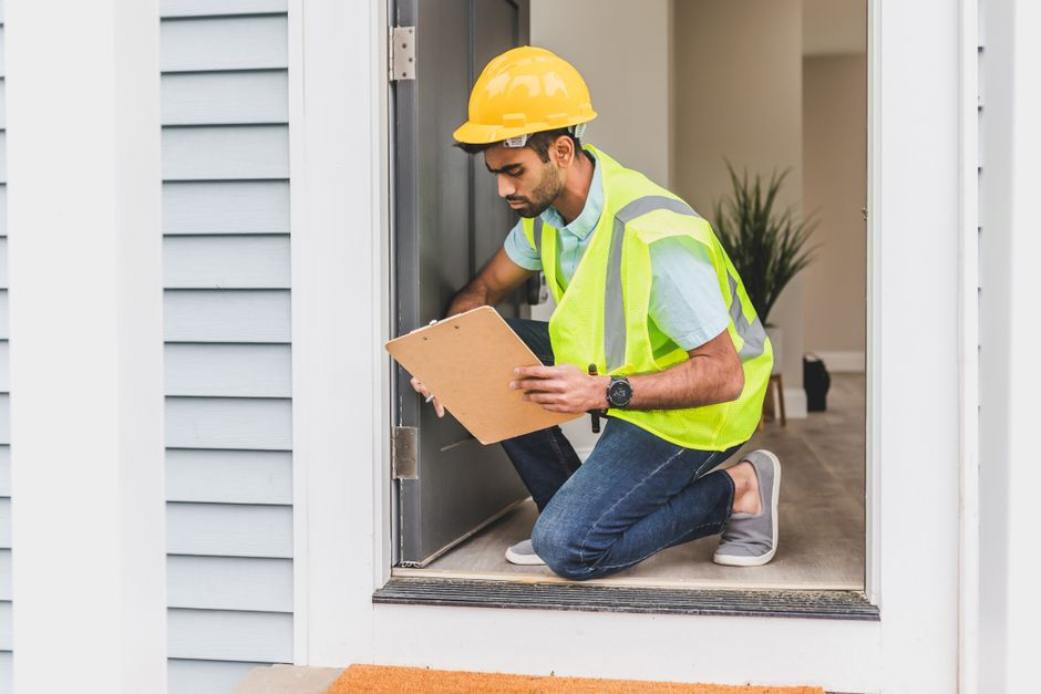 Pest control technician inspecting an accessible area of a home for signs of rodent activity.