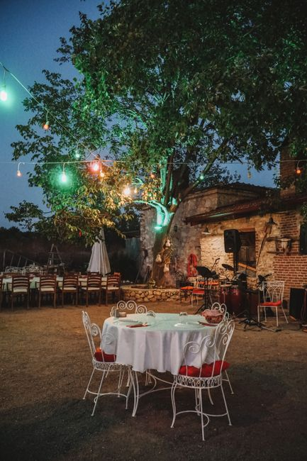 Reception table fabrics illuminated by warm venue lights.