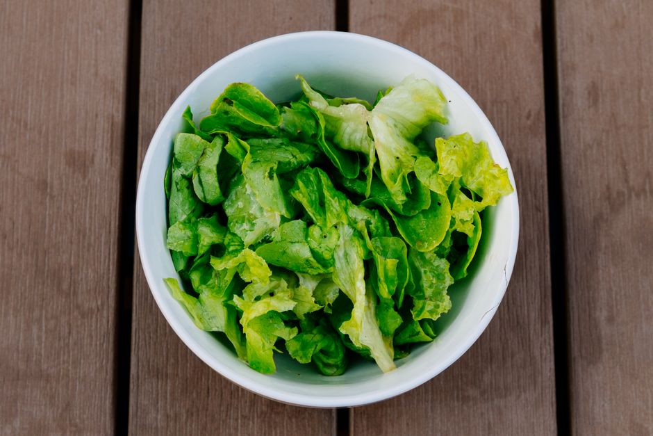 A rabbit beside a small pellet serving and leafy greens in a home feeding area.
