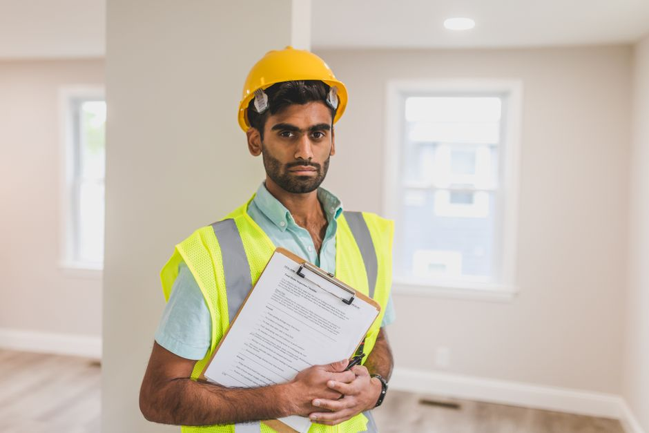 Restoration technician using a moisture meter to inspect ceiling or wall damage.