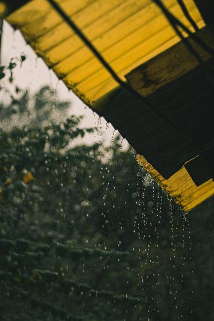 House gutter and eave area with dry leaves and debris that should be cleared before a heat wave.