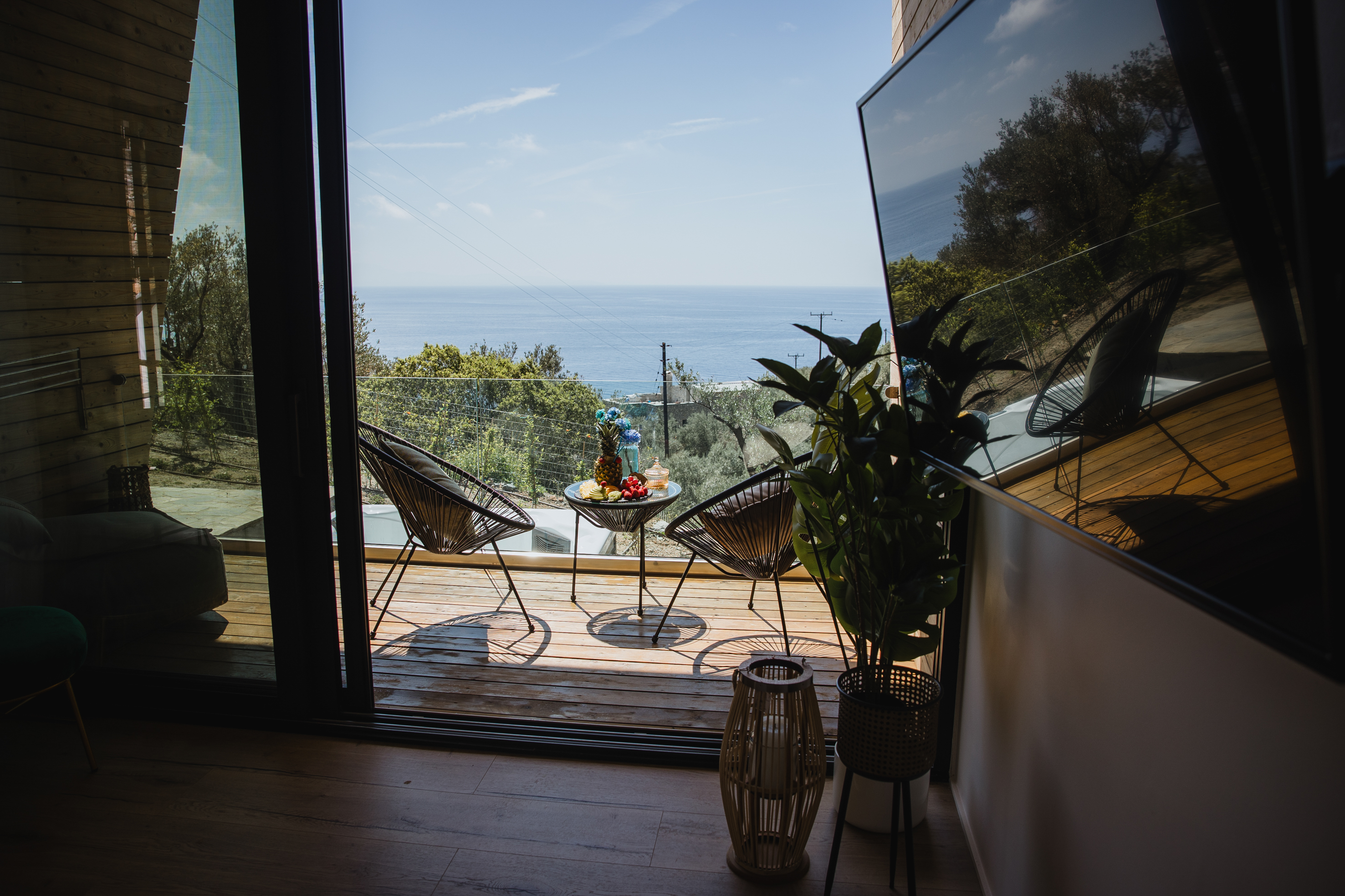 Ocean view, modern decor, outdoor seating
