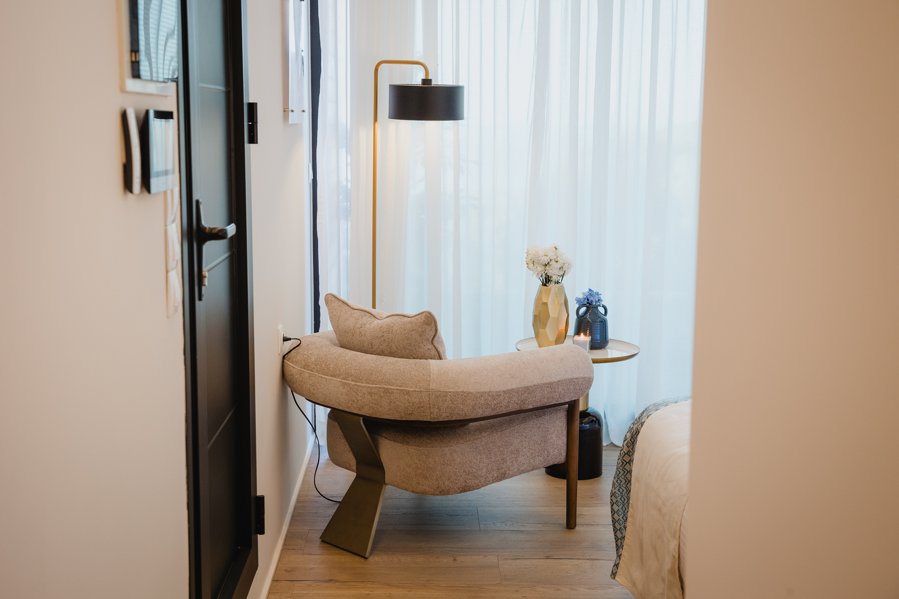 Modern furniture, cozy corner, natural light