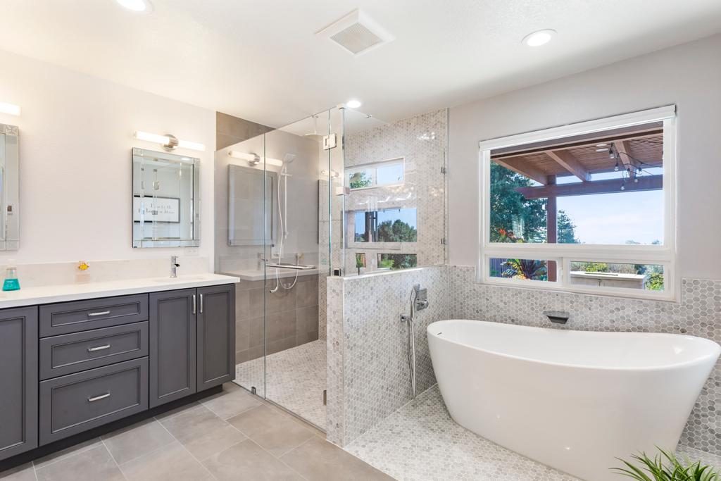Modern bathroom, bathtub, shower area